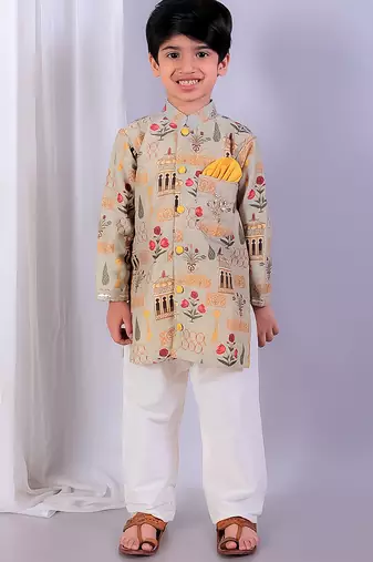 Multicolor printed cotton silk kurta pyjama