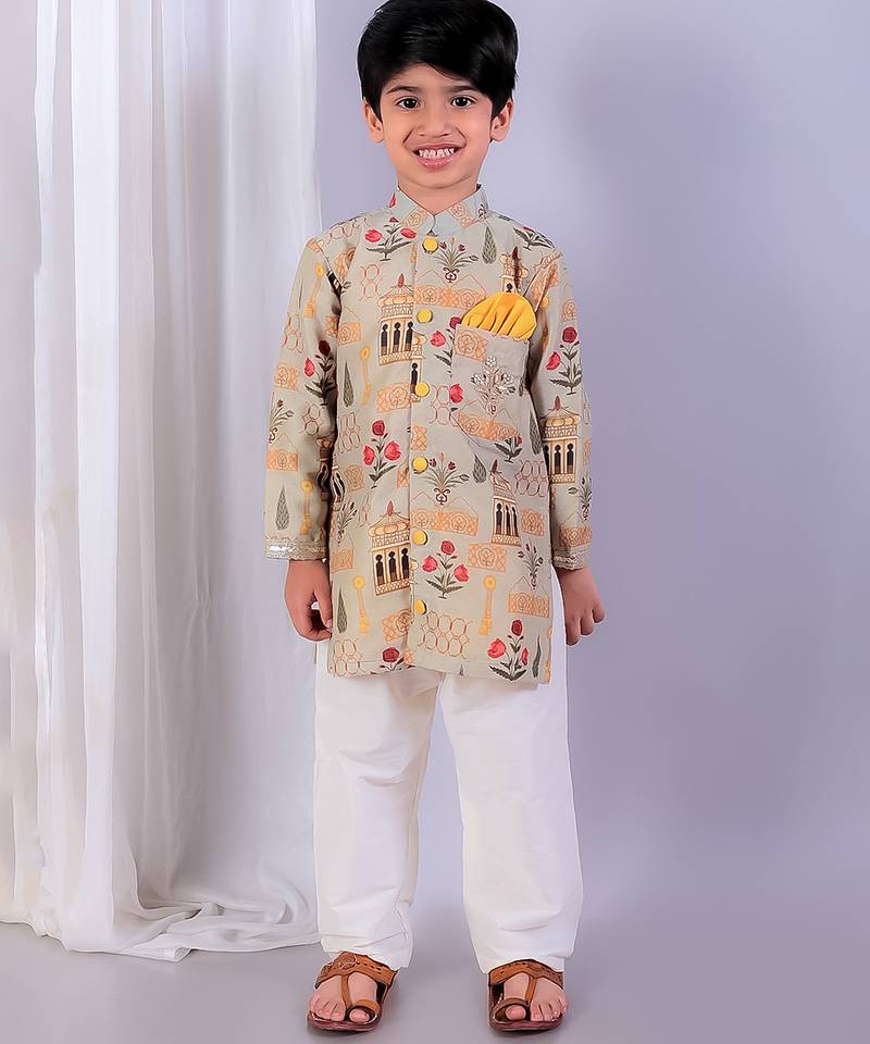 Multicolor printed cotton silk kurta pyjama