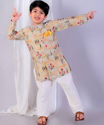 Beige printed cotton silk Boy's Kurta Pyjama 5