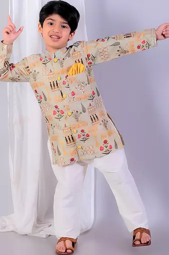 Beige printed cotton silk Boy's Kurta Pyjama