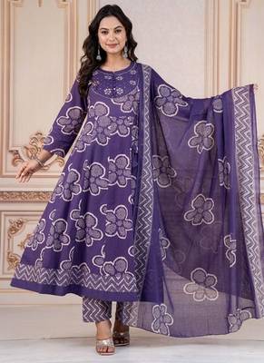 Blue embroidered round neck  cotton kurta trouser dupatta set 1