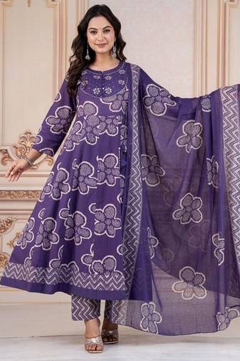 Blue floral embroidered round neck pure cotton kurta trouser dupatta set