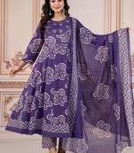 Blue embroidered round neck pure cotton kurta trouser dupatta set