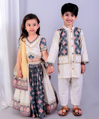 Multicolor printed cotton silk Boy's Kurta Pyjama 2