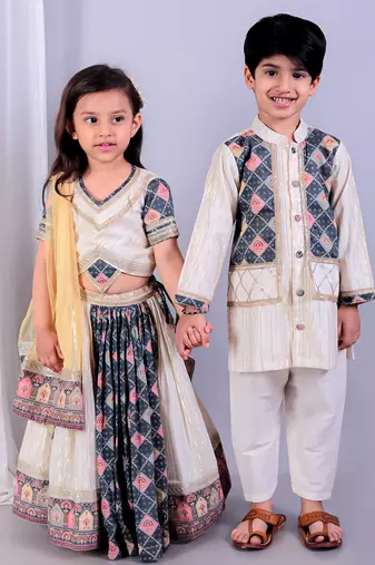 Multicolor printed cotton silk Boy's Kurta Pyjama