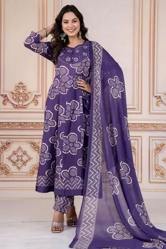Blue embroidered round neck  cotton kurta trouser dupatta set