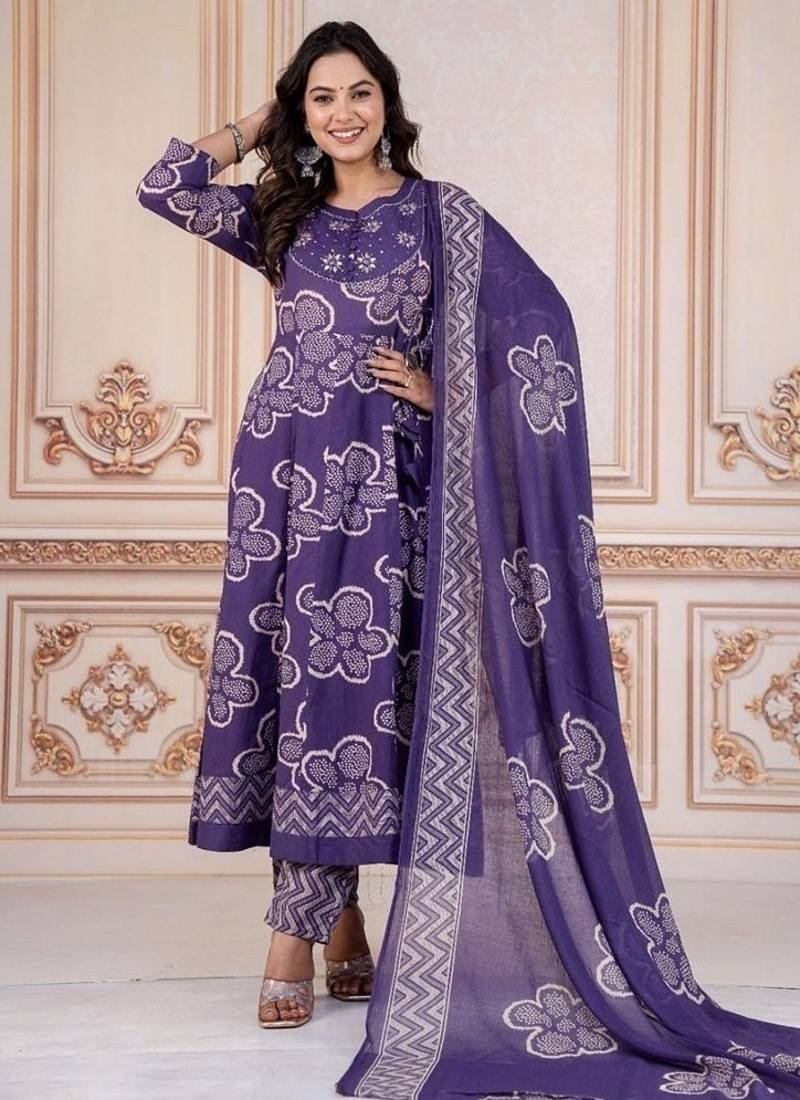 Blue embroidered round neck pure cotton kurta trouser dupatta set
