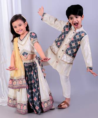 Multicolor printed cotton silk Boy's Kurta Pyjama 3