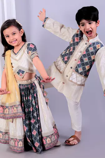Multicolor printed cotton silk Boy's Kurta Pyjama