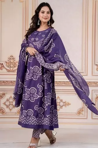 Blue embroidered round neck  cotton kurta trouser dupatta set