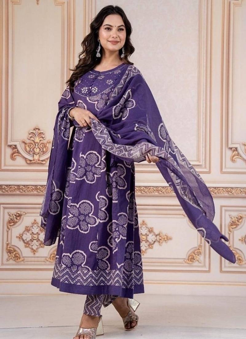 Blue embroidered round neck pure cotton kurta trouser dupatta set