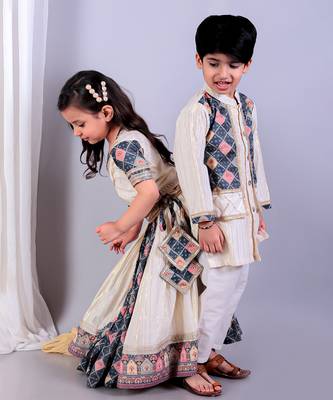 Multicolor printed cotton silk Boy's Kurta Pyjama 4