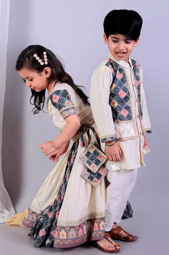Multicolor printed cotton silk Boy's Kurta Pyjama