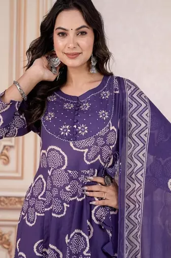 Blue embroidered round neck  cotton kurta trouser dupatta set