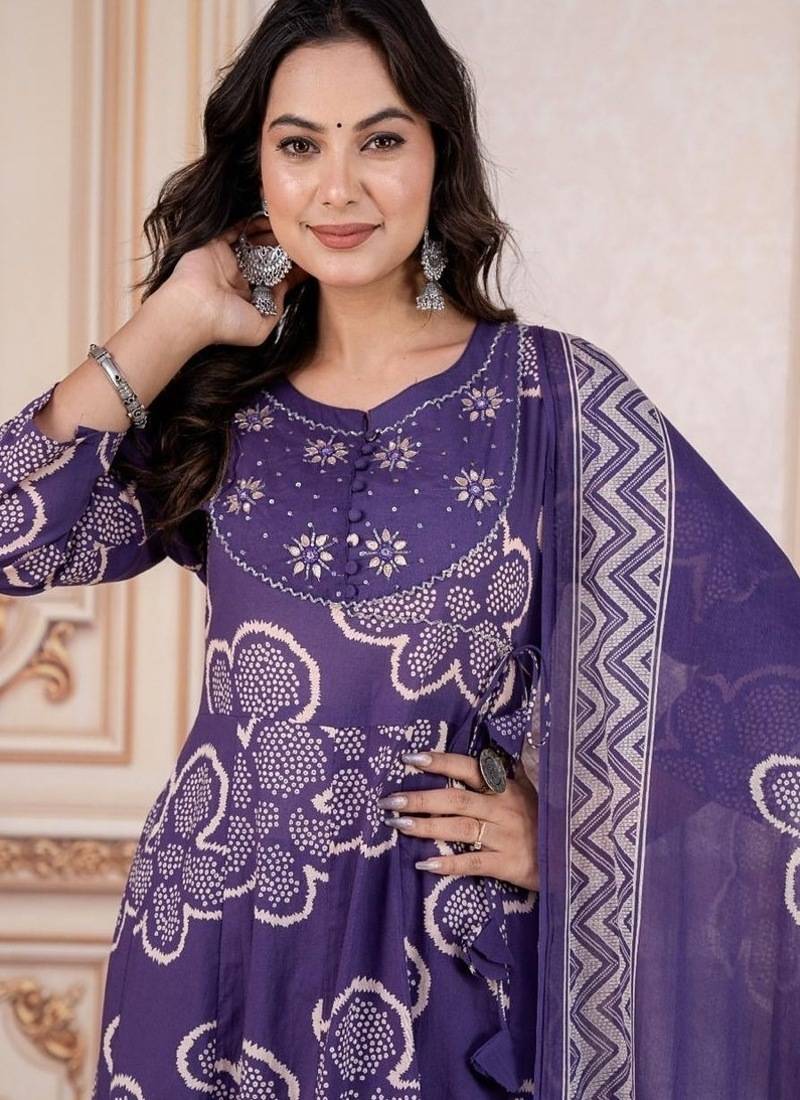 Blue embroidered round neck pure cotton kurta trouser dupatta set