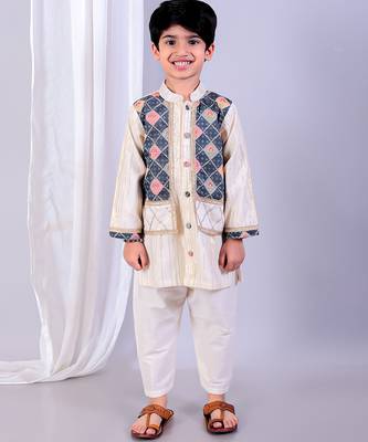 Multicolor printed cotton silk Boy's Kurta Pyjama 1