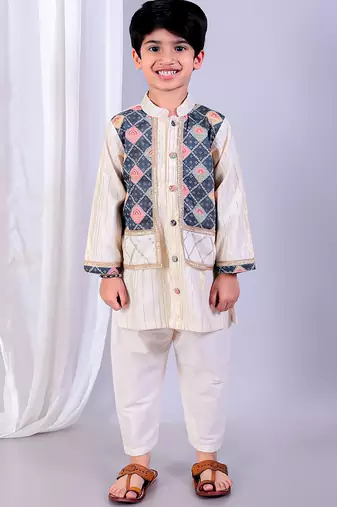 Multicolor printed cotton silk kurta pyjama