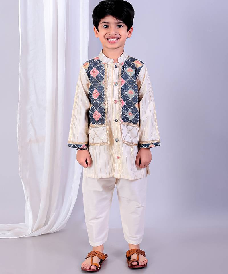 Multicolor printed cotton silk kurta pyjama