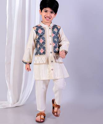 Multicolor printed cotton silk Boy's Kurta Pyjama 5
