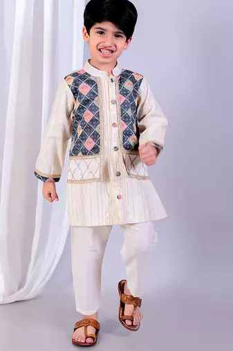 Multicolor printed cotton silk Boy's Kurta Pyjama