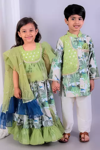 Green printed cotton silk Boy's Kurta Pyjama
