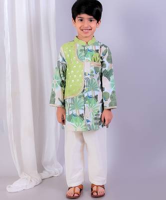 Green printed cotton silk Boy's Kurta Pyjama 1