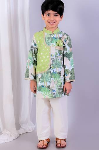 Green printed cotton silk kurta pyjama
