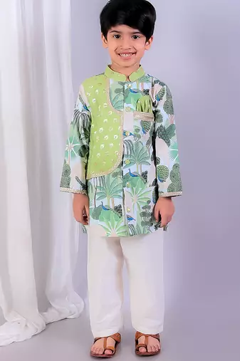 Green printed cotton silk kurta pyjama