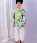 Green printed cotton silk kurta pyjama