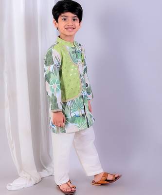 Green printed cotton silk Boy's Kurta Pyjama 3