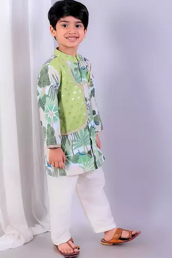 Green printed cotton silk Boy's Kurta Pyjama