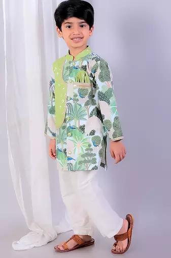 Green printed cotton silk Boy's Kurta Pyjama