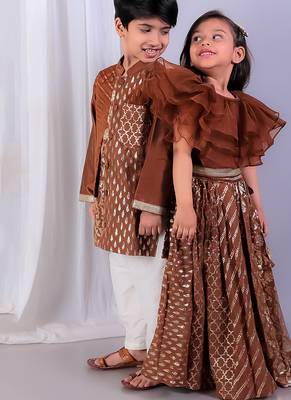 Brown printed cotton silk Boy's Kurta Pyjama 2