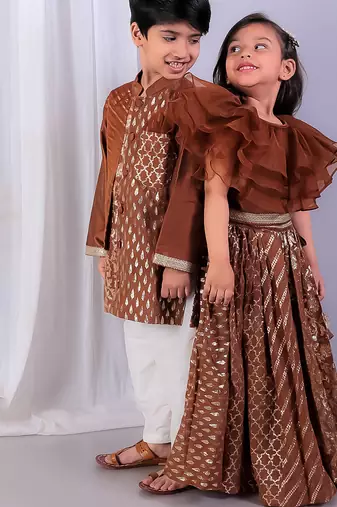 Brown printed cotton silk Boy's Kurta Pyjama