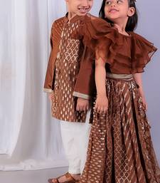 Brown printed cotton silk kurta pyjama