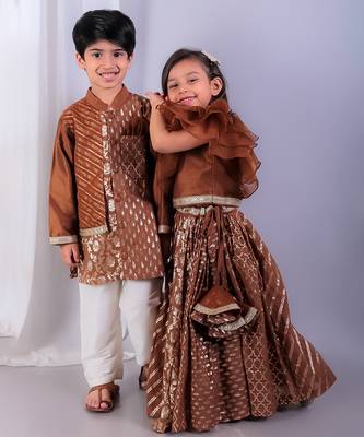 Brown printed cotton silk Boy's Kurta Pyjama 3