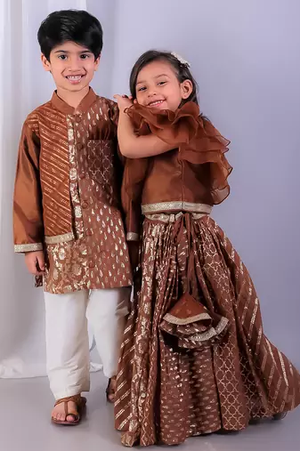 Brown printed cotton silk Boy's Kurta Pyjama