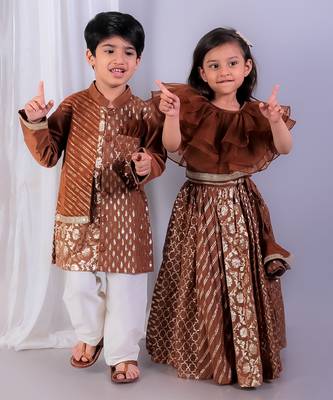 Brown printed cotton silk Boy's Kurta Pyjama 4