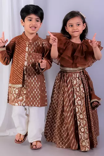 Brown printed cotton silk Boy's Kurta Pyjama