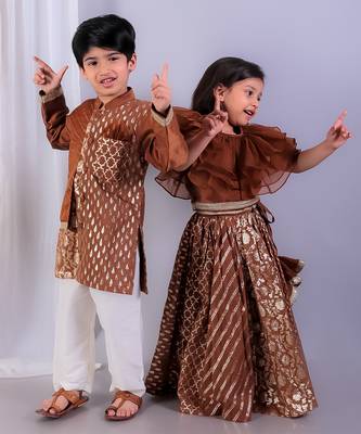 Brown printed cotton silk Boy's Kurta Pyjama 5