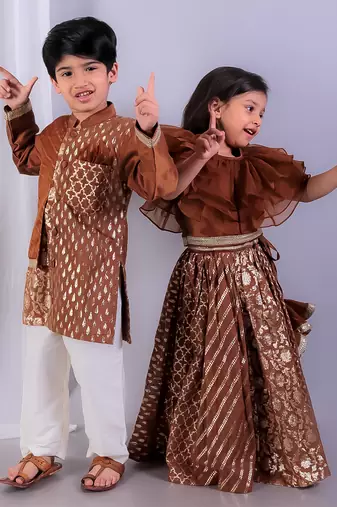Brown printed cotton silk Boy's Kurta Pyjama