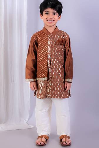 Brown printed cotton silk kurta pyjama