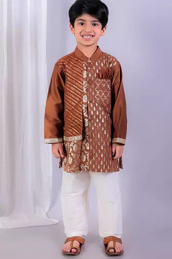Brown printed cotton silk kurta pyjama