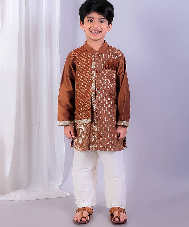 Brown printed cotton silk kurta pyjama