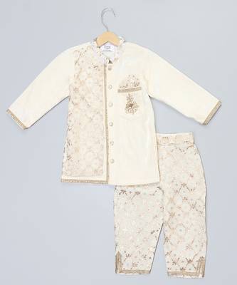 White printed velvet Boy's Kurta Pyjama 1