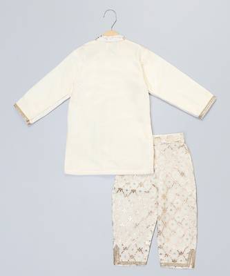 White printed velvet Boy's Kurta Pyjama 2