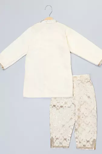White printed velvet Boy's Kurta Pyjama