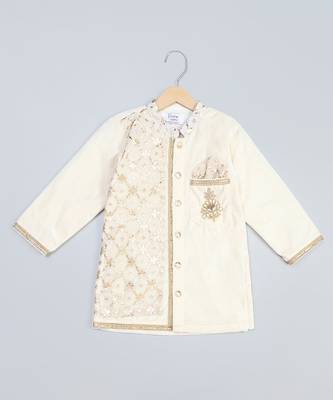 White printed velvet Boy's Kurta Pyjama 3