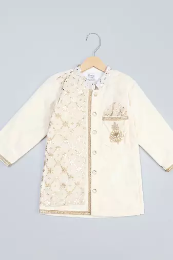 White printed velvet Boy's Kurta Pyjama