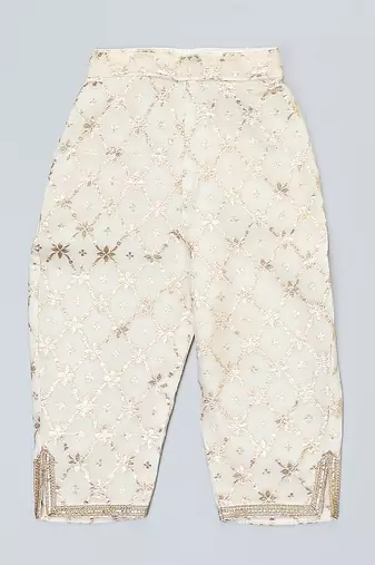 White printed velvet Boy's Kurta Pyjama
